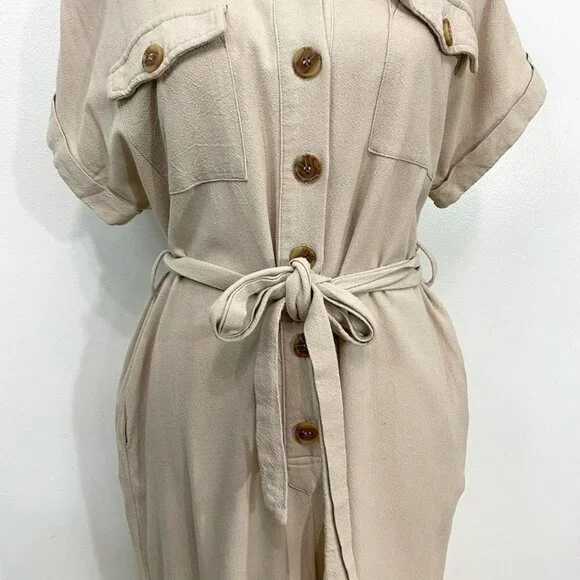 LOST + WANDER LINEN BLEND SAFARI BELTED CROPPED JUMPSUIT IN BEIGE - S - Picture 6 of 10
